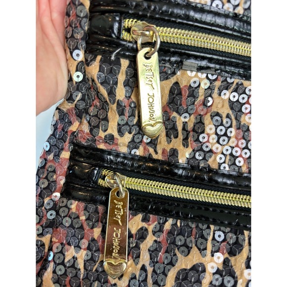 Betsey Johnson Leopard Print Sequin Crossbody Bag Gold Hardware Brown Black - Picture 3 of 11